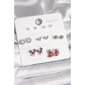 Pirinç Gümüş Renk 7 Çift Zirkon Taşlı Yıl Başı Temalı Kadın Küpe Seti