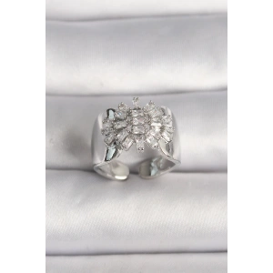 Pirinç Gümüş Renk Ayarlanabilir Baget Zirkon Taş Model Kadın Yüzük