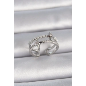 Pirinç Gümüş Renk Ayarlanabilir Zirkon Taşlı Kutup Yıldız İnci Detay Kadın Yüzük