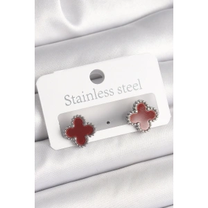 Pirinç Gümüş Renk Bordo Yonca Model Kadın Küpe