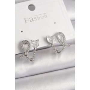 Pirinç Gümüş Renk Düğüm Model Zirkon Taşlı Kalp Detay Kadın Küpe