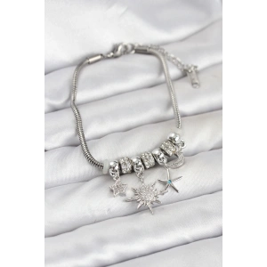 Pirinç Gümüş Renk Güneş Tema Charmlı Kadın Bileklik