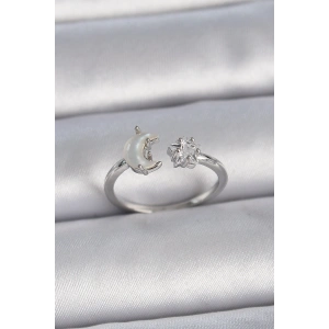 Pirinç Gümüş Renk İncili Hilal Zirkon Taşlı Yıldız Ayarlanabilir Kadın Yüzük