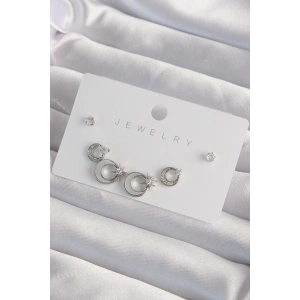 Pirinç Gümüş Renk Mineli Zirkon Taşlı Ay Yıldız Model Küpe Seti