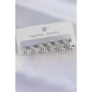 Pirinç Gümüş Renk Minimal Tırtıklı Küpe Seti