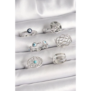 Pirinç Gümüş Renk Nazar Boncuk Zirkon Taş Detaylı Dalga Figür Kadın Yüzük Kombini