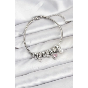 Pirinç Gümüş Renk Pembe Kalp Charmlı Kadın Bileklik