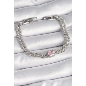 Pirinç Gümüş Renk Pembe Kare Zirkon Taşlı VIP Seri Kadın Bileklik