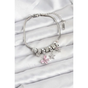 Pirinç Gümüş Renk Pembe Kelebek Charmlı Kadın Bileklik