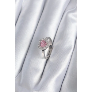 Pirinç Gümüş Renk Pembe Zirkon Taşlı Charm Model Kadın Yüzük