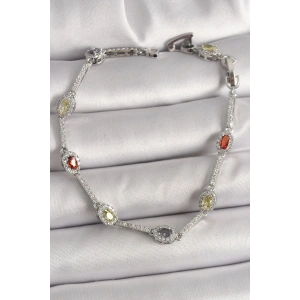 Pirinç Gümüş Renk Renkli Zirkon Taşlı Damla Taş Model Kadın Bileklik