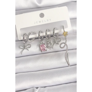 Pirinç Gümüş Renk Sallantı Kurdele Kuyruklu Yıldız Figür Pembe Kare Zirkon Taş Detay Kadın Küpe Seti