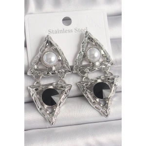 Pirinç Gümüş Renk Sallantı Üçgen Model İnci Detay Kadın Küpe