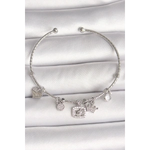 Pirinç Gümüş Renk Sallantı Zirkon Taşlı Ayıcık Figür Taç Detay Charm Kadın Bileklik