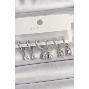 Pirinç Gümüş Renk Sallantı Zirkon Taşlı Damla Model Kadın Küpe Seti