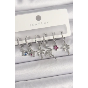 Pirinç Gümüş Renk Sallantı Zirkon Taşlı Deve Kuşu Figür Çoklu Kadın Küpe Seti