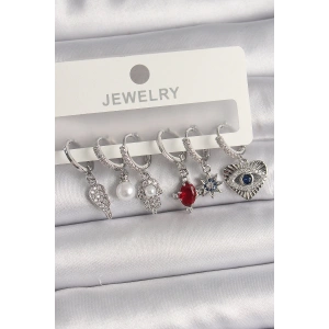 Pirinç Gümüş Renk Sallantı Zirkon Taşlı Fatma Ana El Figür Kadın Küpe Seti