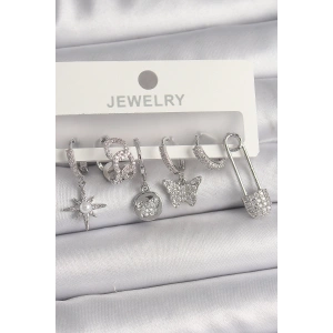 Pirinç Gümüş Renk Sallantı Zirkon Taşlı Kelebek Figür Kadın Küpe Seti