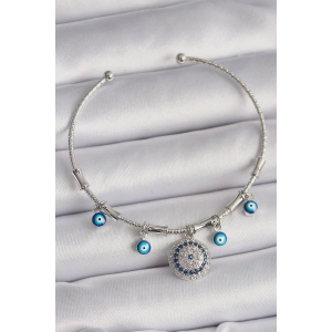 Pirinç Gümüş Renk Sallantı Zirkon Taşlı Nazar Boncuk Figür Charm Bileklik