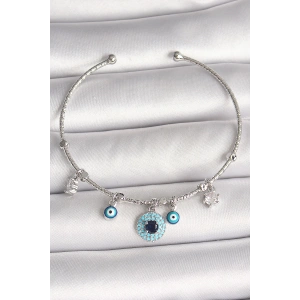 Pirinç Gümüş Renk Sallantı Zirkon Taşlı Nazar Boncuk Figür Charm Kadın Bileklik