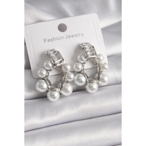 Pirinç Gümüş Renk Su Yolu Zirkon Taşlı İncili Halka Model Kadın Küpe