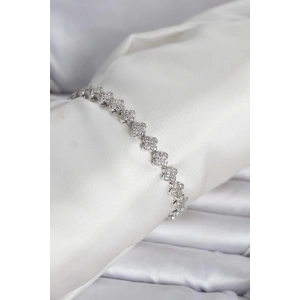 Pirinç Gümüş Renk Yonca Model Sıralı Zirkon Taşlı Kadın Bileklik