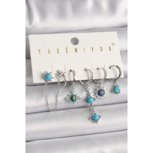 Pirinç Gümüş Renk Zirkon Taş Detaylı Mavi Boncuklu Çiçek Model VIP Seri Kadın Küpe Kombini