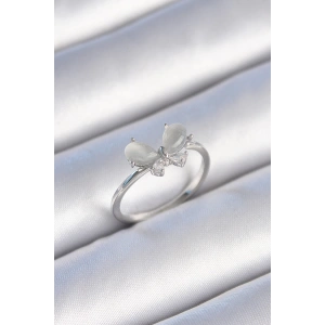 Pirinç Gümüş Renk Zirkon Taşlı Beyaz Mineli Kelebek Model Kadın Yüzük