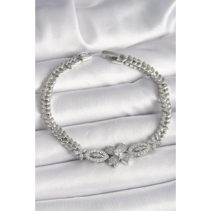 Pirinç Gümüş Renk Zirkon Taşlı Çiçek Figür Arpa Zincir Model Kadın Bileklik