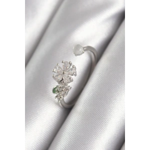 Pirinç Gümüş Renk Zirkon Taşlı Çiçek Model Kadın Yüzük