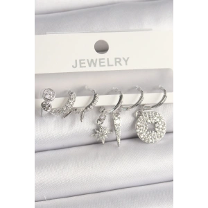 Pirinç Gümüş Renk Zirkon Taşlı Çoklu Figür Kadın Küpe Seti