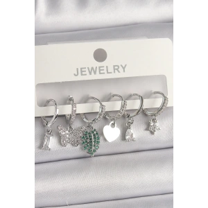 Pirinç Gümüş Renk Zirkon Taşlı Çoklu Figür Kadın Küpe Seti