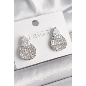 Pirinç Gümüş Renk Zirkon Taşlı Damla Model Kadın Küpe