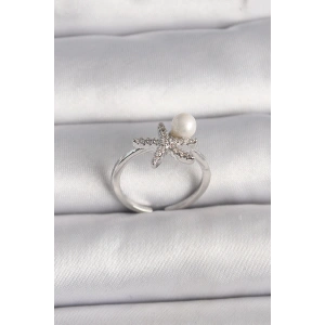 Pirinç Gümüş Renk Zirkon Taşlı Deniz Yıldızı Model İnci Detay Ayarlanabilir Yüzük