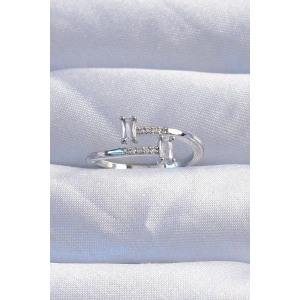 Pirinç Gümüş Renk Zirkon Taşlı Geometrik Ayarlanabilir Yüzük