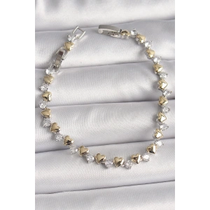 Pirinç Gümüş Renk Zirkon Taşlı Gold Kalpli VIP Seri Kadın Bileklik