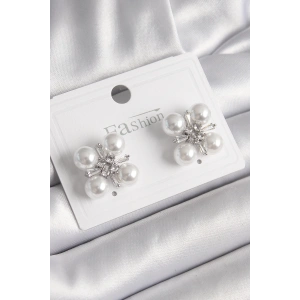 Pirinç Gümüş Renk Zirkon Taşlı İncili Kadın Küpe