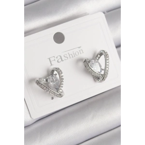 Pirinç Gümüş Renk Zirkon Taşlı Kalp Model Kadın Küpe