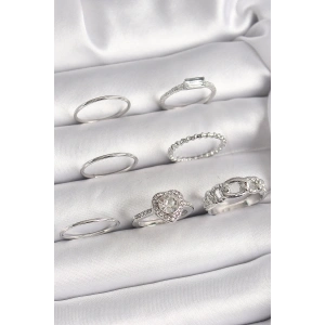 Pirinç Gümüş Renk Zirkon Taşlı Kalp Model Kadın Yüzük Kombini