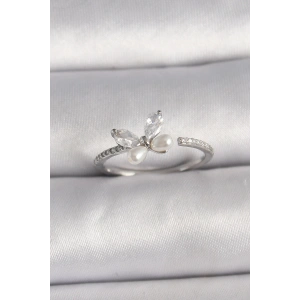 Pirinç Gümüş Renk Zirkon Taşlı Kelebek Model İnci Detaylı Ayarlanabilir Yüzük