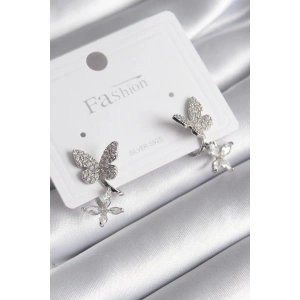 Pirinç Gümüş Renk Zirkon Taşlı Kelebek Model Kadın Küpe