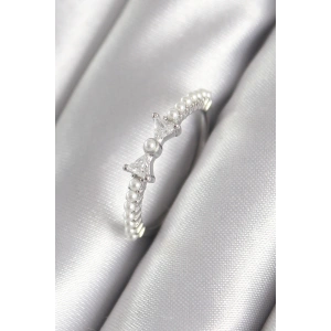 Pirinç Gümüş Renk Zirkon Taşlı Kurdele Model İnci Detay Kadın Yüzük