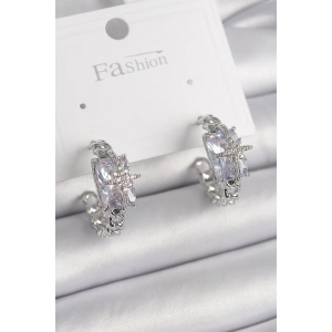 Pirinç Gümüş Renk Zirkon Taşlı Kutup Yıldız İşleme Detay Kadın Küpe