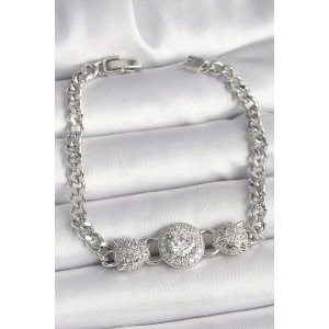 Pirinç Gümüş Renk Zirkon Taşlı Leopar Figür Zincir Model Kadın Bileklik