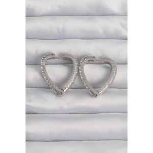 Pirinç Gümüş Renk Zirkon Taşlı Motifli Kalp Küpe