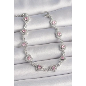 Pirinç Gümüş Renk Zirkon Taşlı Pembe Kalp Model VIP Seri Kadın Bileklik
