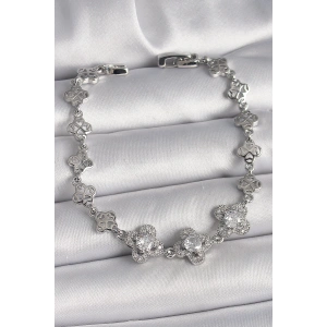 Pirinç Gümüş Renk Zirkon Taşlı Yonca Model Kadın Bileklik