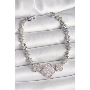 Pirinç Gümüş Renk Zirkon Taşlı Yonca Model Zincir Model Kadın Bileklik