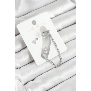 Pirinç Ok Figürlü Zirkon Taşlı Gümüş Renk 3lü Kıkırdak Kadın Küpe Set