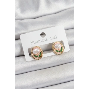 Pirinç Pembe Mineli Lale Figürlü Sanatsal Portre Model Gold Renk Kadın Küpe